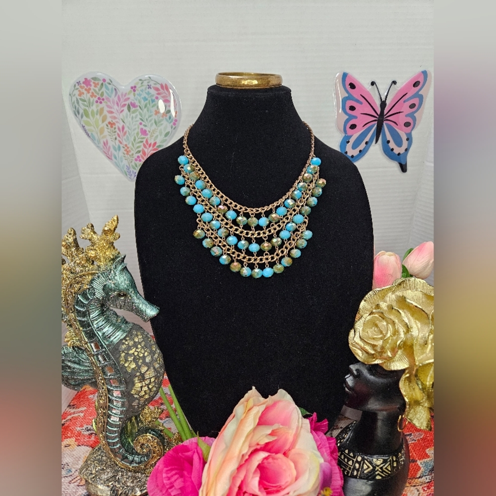 Cara NY Gold and Blue Beaded Statement Necklace Brass Tone And A Bangle